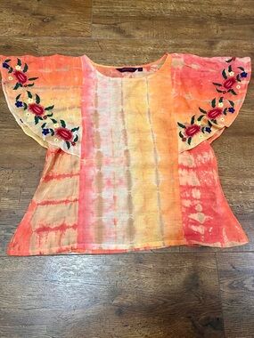 Srishi Embroidered Flutter Sleeve Tie-Dye Top - Coral & Peach